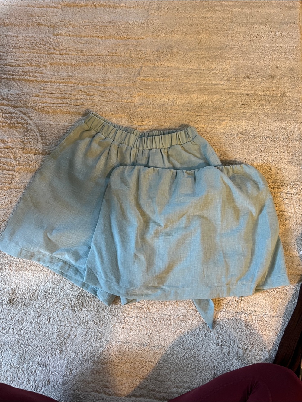 Women's Light Blue Elastic-Waist Linen Blend Shorts and blouse